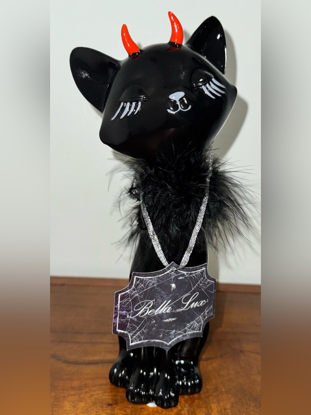 🥰 Bella Lux Devil Black Cat Halloween resin Figurine Feather Collar Gothic Decor